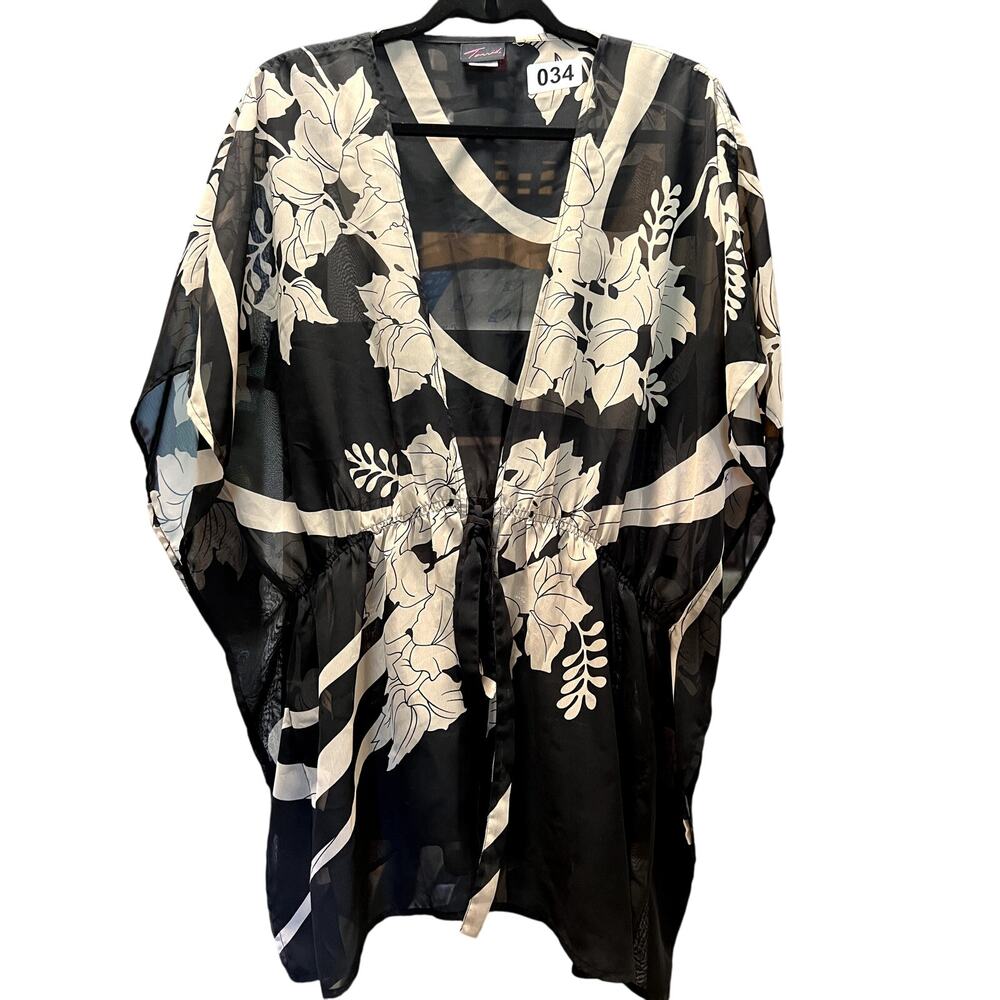 Torrid Blk/Khaki sheer coverup gathers at waist and ties sz 3, $22